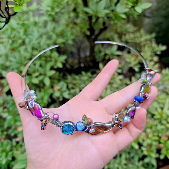 Silver Tone Artisan Collar Necklace w/ Dichroic Glass Fish & Bead Wrap Design